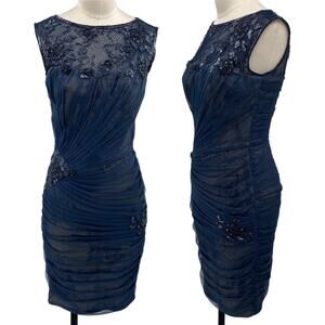 Tadashi Shoji Beaded Lace Overlay Ruched Cocktail Mini Dress Navy Blue Womens 2